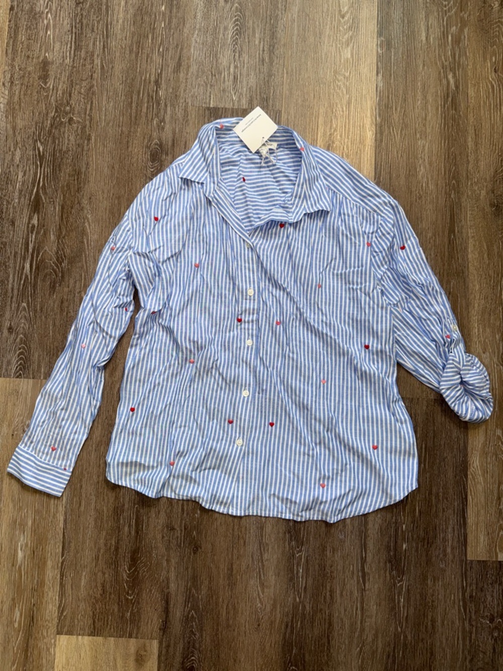 NWT Blue and White Striped Button-Down Shirt with Red Heart Details